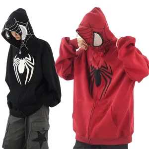 Toptan yüksek kalite Anti-Shrink tam Zip up örümcek boy Hoodies sokak giyim şönil nakış Unisex Hoodies