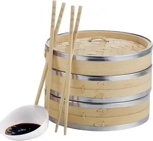 10英寸竹制蒸笼不锈钢带完美包括2对筷子50个蜡蒸笼内衬