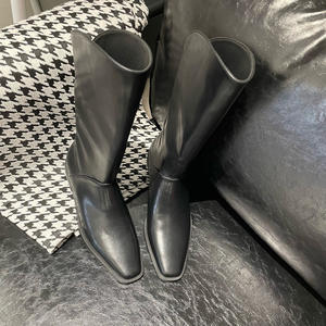 XINZI pioggia stivali occidentali personalizzati da donna con Logo personalizzato a punta quadrata in morbida pelle tacco basso da donna a metà polpaccio - Product Image 4