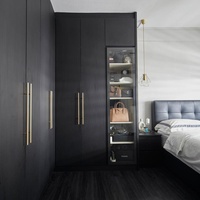Armoire de chambre à coucher en bois personnalisée Senger, finition mélamine, avec porte en verre et éclairage LED