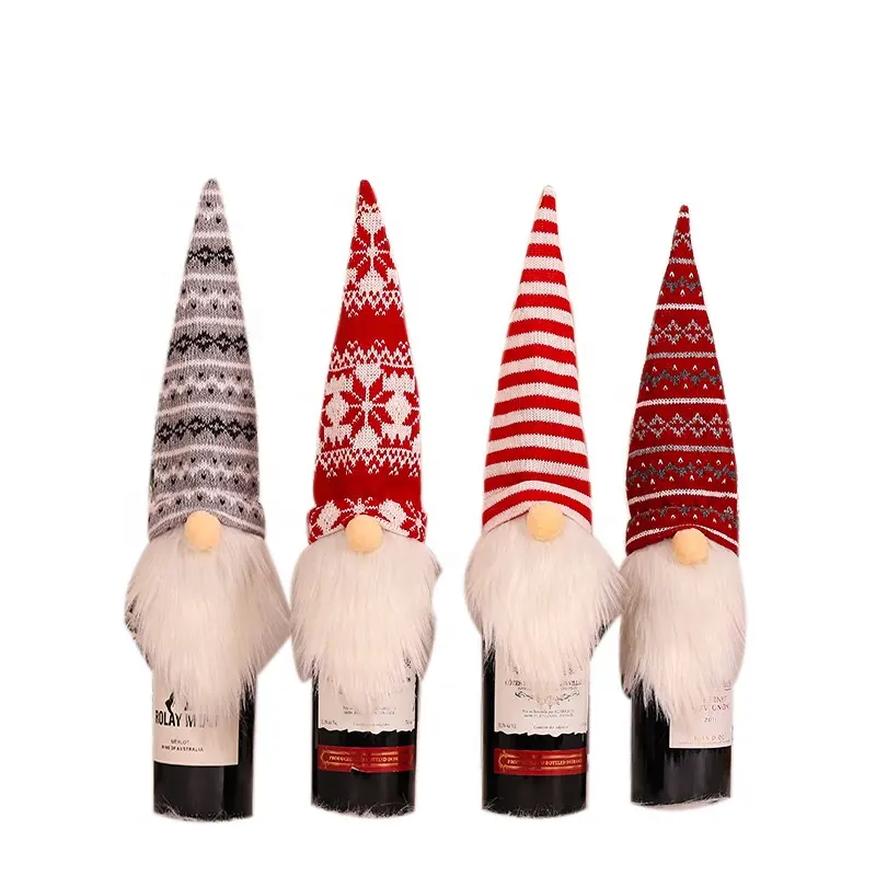 Noel kırmızı şarap şişesi şapka örgü yüzü olmayan Gnome şapka noel şarap şişesi şişe kapağı için noel partisi dekorasyonu
