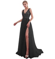 NNR Hochwertige rosa bestickte Perlen Slip Sexy Deep V Pailletten Langes Kleid Abendkleid