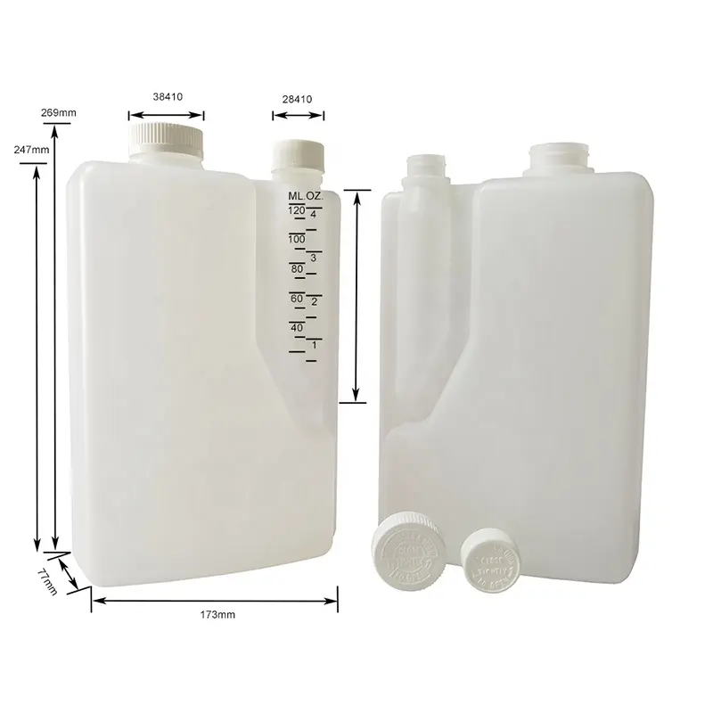 Dispenser Plastik Dua Ruang HDPE Alami 2 Liter Botol Leher Kembar dengan 4 Oz Ruang Dosis, 38Mm & 28Mm