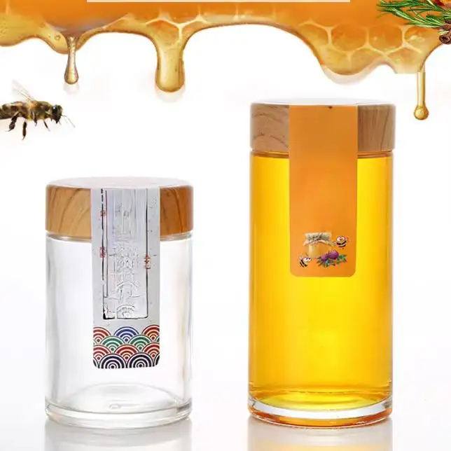 Frascos de miel de vidrio transparente de lado recto personalizados de 6oz, 10oz, 16oz, 25oz, contenedor de comida con tapa, mermelada de miel, vidrio redondo de grado alimenticio ja