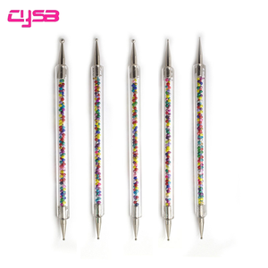 Lot de 5 outils de nail art double usage avec manche en acrylique perlé coloré, stylos de manucure dans un sac en PVC pour salon - Product Image 3