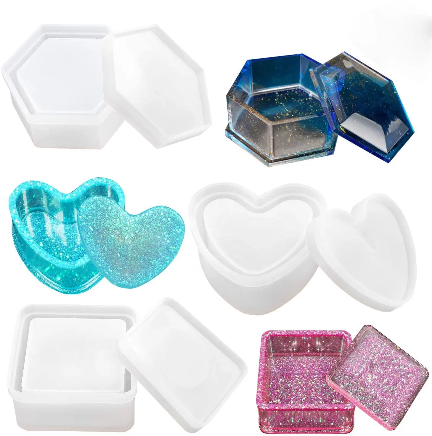 Caixa de jóias por atacado em forma de coração, caixa de armazenamento quadrada hexagonal, molde de silicone em resina epóxi