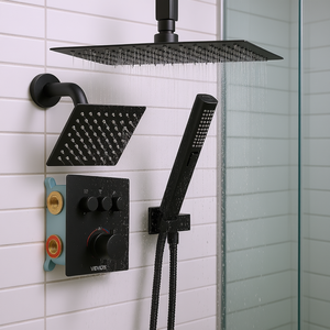 Système de douche thermostatique Vevor à effet pluie, noir mat, 12 pouces, montage mural, kit de robinetterie en laiton avec douchette à main - Product Image 2