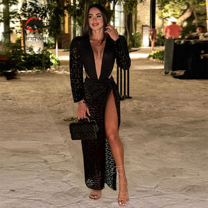 TW Set di un pezzo gonna di <span class=keywords><strong>pizzo</strong></span> <span class=keywords><strong>nero</strong></span> Sexy a <span class=keywords><strong>maniche</strong></span> <span class=keywords><strong>lunghe</strong></span> con scollo a V a vita alta trasparente abito estivo da spiaggia - Product Image 1