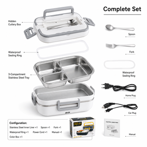 Portable Electric <b>Heated</b> <b>Lunch</b> <b>Box</b> 100W with 2 Compartments 1.6L Stainless Steel BPA Free for Adult Work School KL03009 - Product Image 4