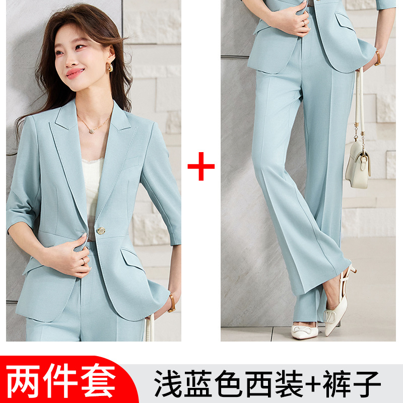 Light blue suit with slightly flared trousers