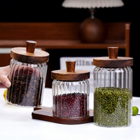 Bocal en verre borosilicate à nervures verticales avec couvercle en bois d'acacia et cuillère en bois, compatible micro-ondes, récipient de stockage alimentaire moderne
