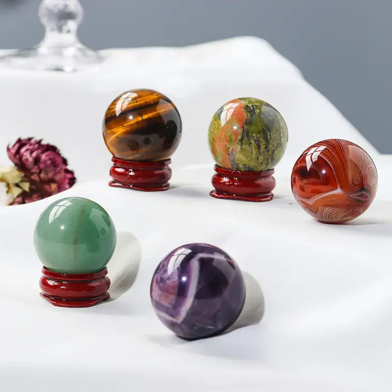 Small Size Natural Gemstone Quartz Agate Crystal Ball with Wood Stand Healing Crystals Sphere Sculpture Home Decoration