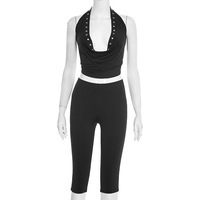 Ensemble haut et pantalon capri à revers pour femme J25ST484, collection printemps/été, uni, ajouré, dos nu, taille haute, à lacets