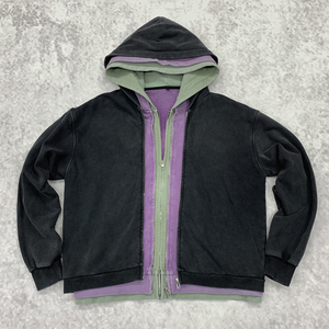 Sweat à capuche zippé épais en coton French Terry délavé, double capuche, triple couche, effet délavé à l'acide - Product Image 2