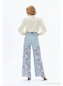 Jeans <span class=keywords><strong>da</strong></span> <span class=keywords><strong>donna</strong></span> traspiranti a gamba larga con ricami in pizzo, lavaggio enzimatico, a vita alta, a zampa d'elefante - Product Image 2