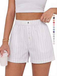 Shorts de Algodón a Rayas de Cintura Alta para Mujer con Cierre de Botones, Estilo Casual, Color Blanco - Product Image 6