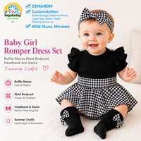 Ensemble robe barboteuse pour bébé fille, manches à volants, body à carreaux, bandeau et chaussettes, tenue d'été