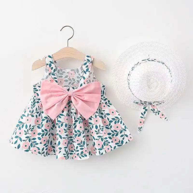 Finalz wholesale kids1-4 Year 2pcs Set Floral Sleeveless Toddler Girls Dresses with bow hat