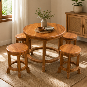 Ensemble de table à manger ronde en teck avec 4 tabourets confortables, meubles de salle à manger modernes et peu encombrants pour appartement et villa - Product Image 5