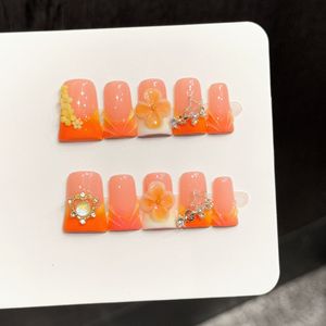 Uñas Acrílicas Y2K al por Mayor, Color Naranja y Rosa Degradado, con Flores 3D y Pedrería, 10 Piezas, Hechas a Mano y Personalizadas - Product Image 1