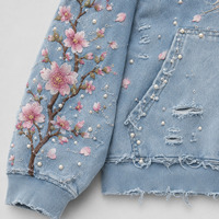 Ensemble survêtement streetwear personnalisé : sweat à capuche oversize zippé et pantalon de survêtement coupe droite, en denim déchiré, avec impression DTG et broderie de patchs