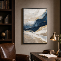 Peinture abstraite bleu marine et or texturée sur toile encadrée, grande décoration murale de luxe nordique moderne pour la maison ou le bureau