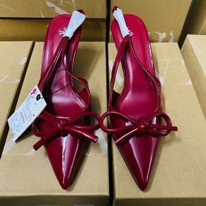 ZA Factory 2025夏のアウトドア1ワード空のつま先サンダル新しいパテントレザー弓尖ったヒールミューラー靴 - Product Image 1