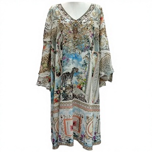Robe longue 100% Soie Imprimée Anti-Plis avec Perles, Col V Sexy et Manches Évasées pour Femme, Collection Printemps-Été 2026, Idéale Mariage et Soirée - Product Image 3