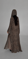 Ensemble Abaya Trois Pièces pour Femme, Imprimé Léopard, en Chiffon, Robe Extérieure Ouverte, Robe Intérieure Assortie, Hijab - Mode Pudique