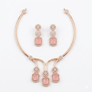 Conjunto de Collar de Plata 925 con Cristales y Oro Rosa Italiano, con Colgante de Piedra Rosa y Pendientes a Juego, Joyería Elegante para Novias - Product Image 1