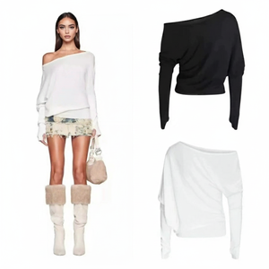 2026 Trendy Y2K Women Solid Casual Two Piece Set off Shoulder Batwing Sweater Top Knitting Embroidered <strong>Low</strong> <strong>Rise</strong> Denim Mini <strong>Skirt</strong> - Product Image 1