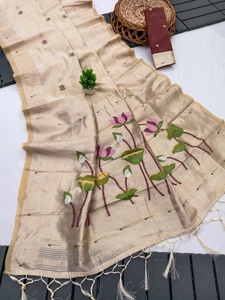 Sari en coton Muga avec broderie florale, tenue traditionnelle pour femmes, mariage et fêtes, style indien, longueur au sol - Product Image 2