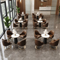 Ensemble de mobilier de restaurant moderne et luxueux, respectueux de l'environnement, table et chaises de café, pieds en acier inoxydable doré, cuir PU, école