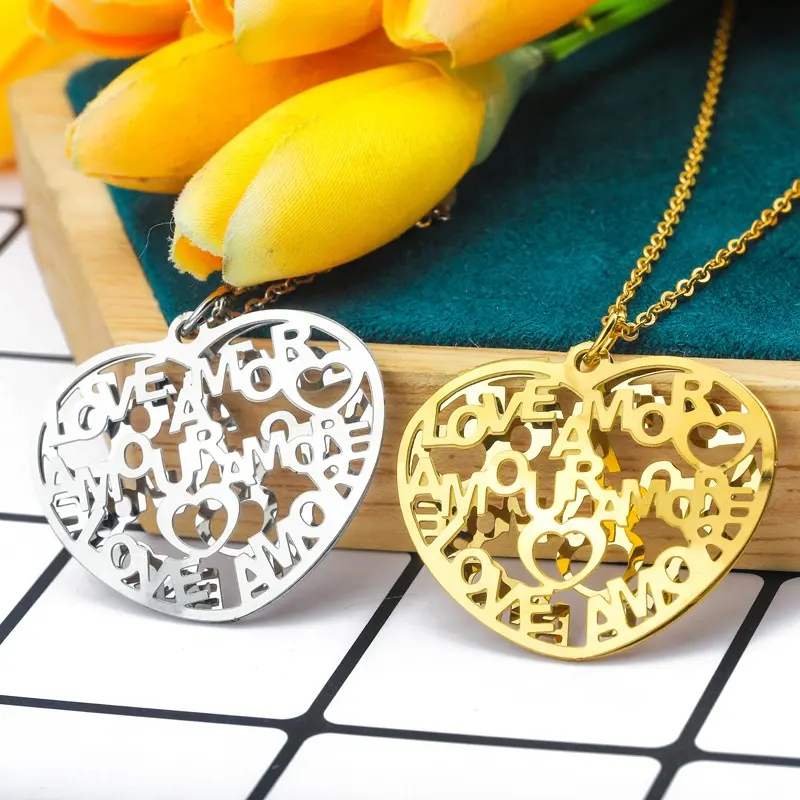 Stainless Steel Custom Laser Cut More Love Heart Double Sides Puffy Heart 3D Hollow Word Pendant