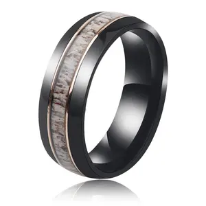 POYA Black Zirconium Ring Hochglanz poliertes Hirschgeweih Inlay Herren 8mm Hunting Domed Ehering