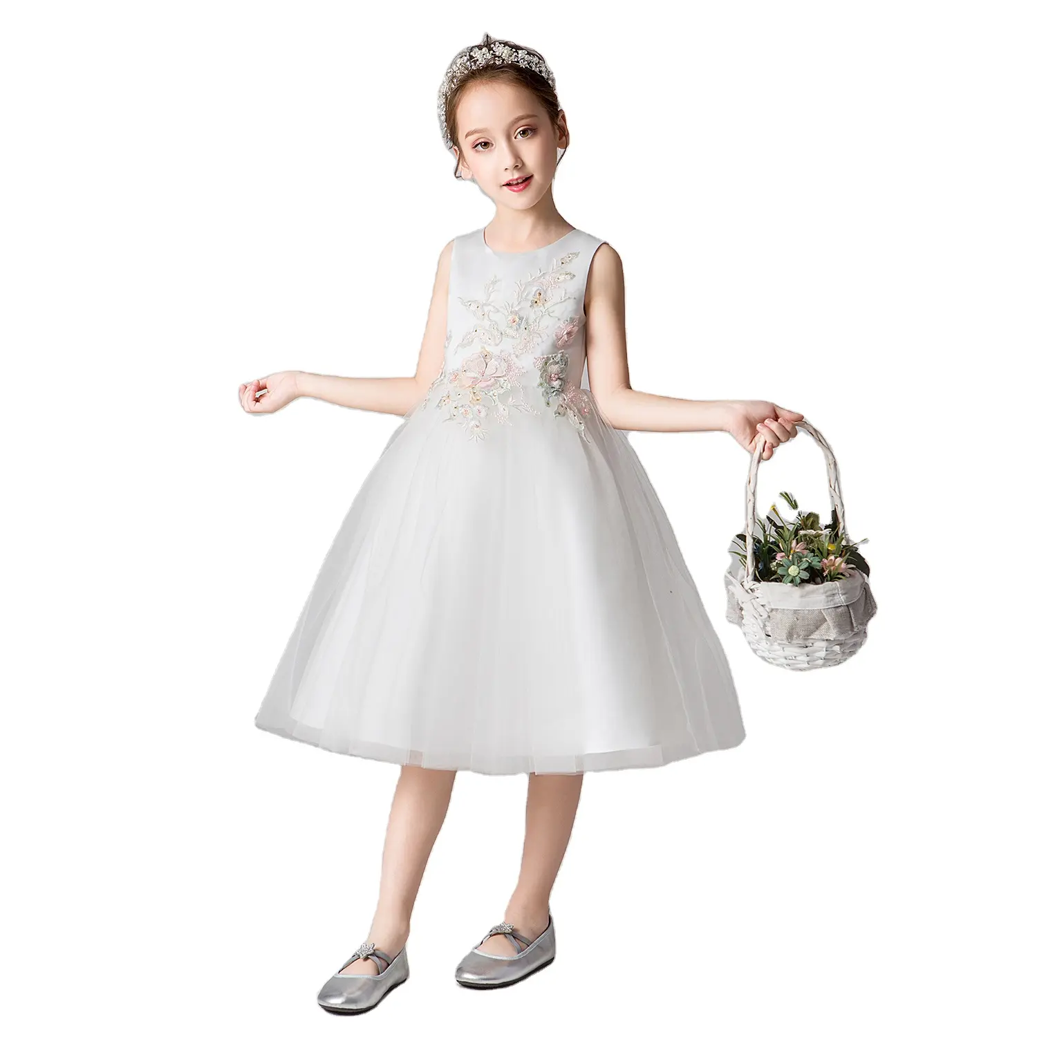 2022 yaz moda yeni düğün parti çiçek kız işlemeli aplike kolsuz uzun elbise