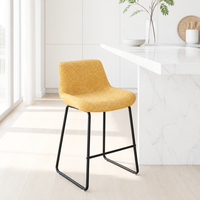 Tabouret de bar en bouclette jaune moutarde, rembourré, avec base en métal noir et repose-pieds pour îlot de cuisine