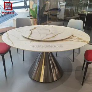 现代不锈钢铬底座圆形餐桌套装，带6把椅子陶瓷单元，用于厨房或商场餐厅家具