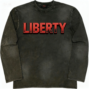 <span class=keywords><strong>T</strong></span>-shirt à manches longues gris foncé avec impression graphique audacieuse de la phrase « FREEDOM », style streetwear décontracté, esthétique usée - Product Image 2