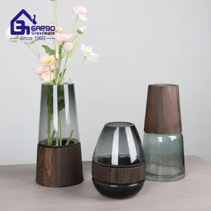 Vaso de vidro decorativo antigo para flores, vaso de vidro cônico de 25 cm com manga de madeira, novo design feito à mão