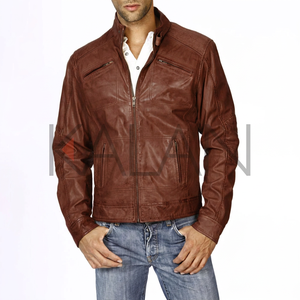 High Quality Light Brown Waxed Sheep Skin Leather Jacket for Men KLJM2 Washed Style 100% Cotton Canvas <b>Stand</b> Collar Four Front - Product Image 4