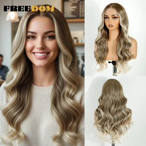 FREEDOM 26 pouces de <span class=keywords><strong>long</strong></span> synthétique avant de lacet perruques 360 dentelle frontale pour Ombre <span class=keywords><strong>Blonde</strong></span> mettre en évidence petite taille de casquette pour les femmes - Product Image 1