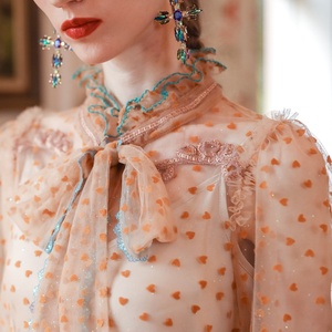 Blusa de encaje <span class=keywords><strong>transparente</strong></span> con mangas abullonadas para mujer, blusa Vintage de alta calidad - Product Image 4