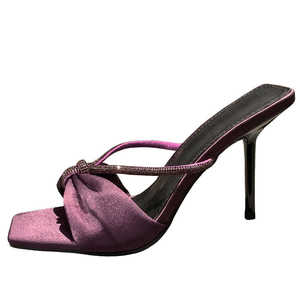 2024 nuovi sandali con cinturino in strass di raso viola da donna con fiocco con tacco a vista con punta alta infradito estivi con tacco esterno - Product Image 5