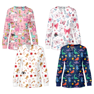 Women Cartoon Print Scrub <b>Top</b> Moisture Wicking Full Size Range Hospital Uniforms - Product Image 1