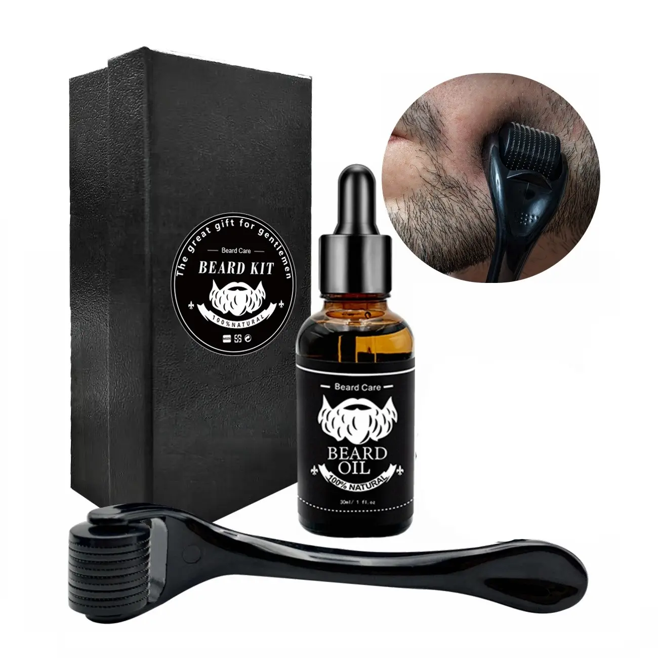 The beard growth kit set titanium beard roller Men's skin care products private label cbd beard oil wax growth serum