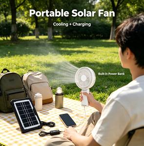 Ventilador de Mesa Blanco Recargable Solar con Batería Recargable, Nuevo Ventilador de Pie para Exteriores - Product Image 1
