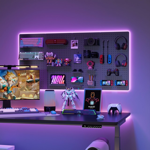 Peg Board Gaming Organizer Pegboard Shelf with Hooks Black Hanging Over the Computer Desk Free of Punch Gaming Pegboard