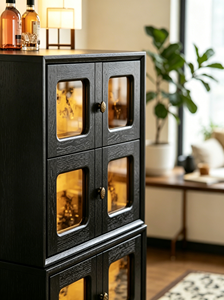 Modern Black Stackable Cabinet with Glass Doors and Internal Lighting for Entryway <b>Storage</b> - Product Image 2