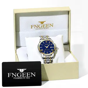 Fngeen Luxe Mannen Horloges Met Doos Set Roestvrij Staal Horloge Geschenkdoos Set Waterdichte Kalender Quartz Horloge Voor Man Sieraden Sets